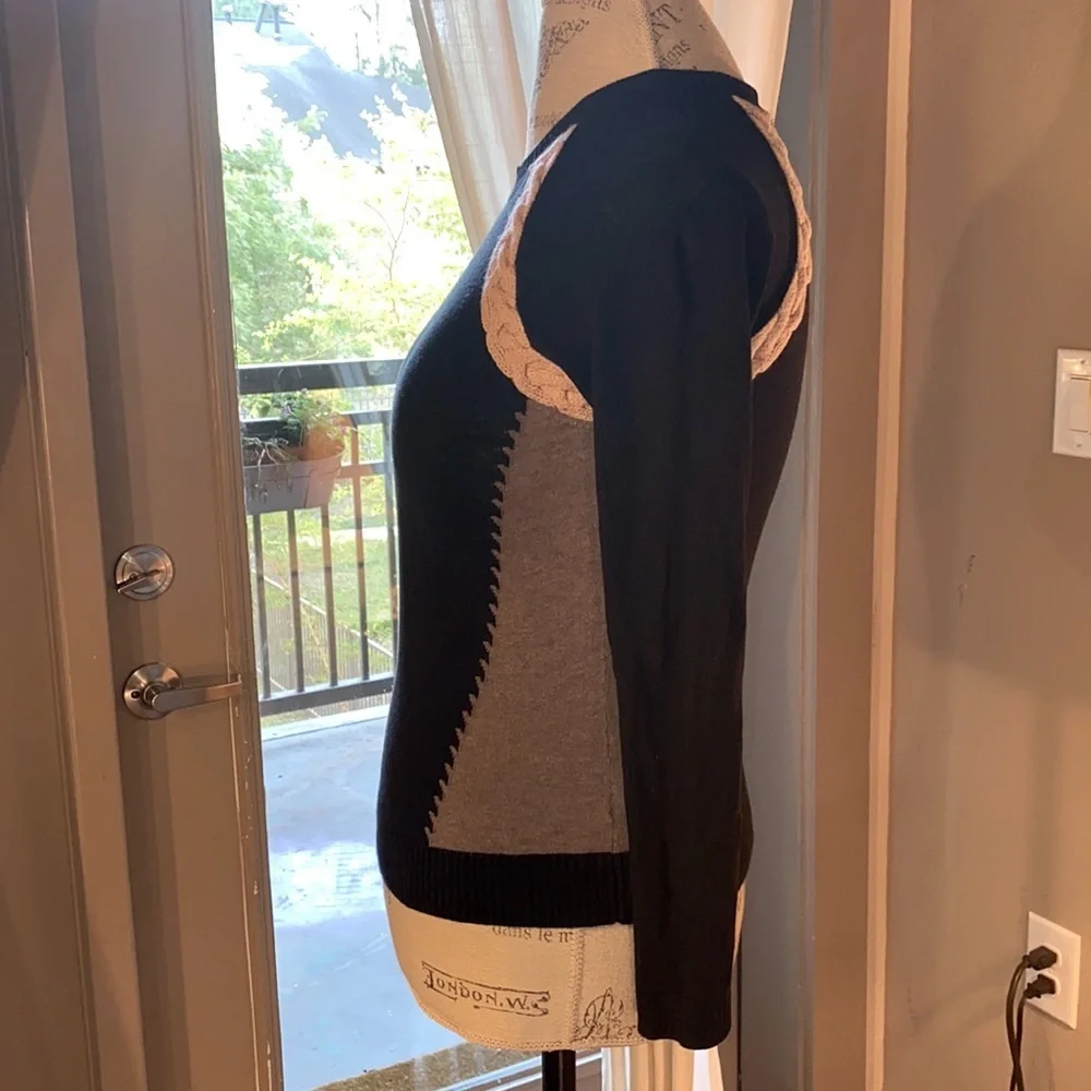 SI-IAE cableknit trim sweater shirt longsleeve black tan & gray cashmere top XS - Picture 5 of 7